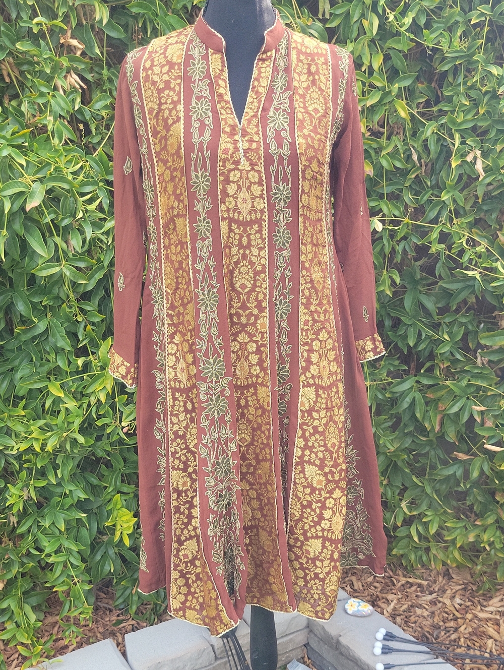 Vintage Kashmiri Tilla Embroidered Mid Length Paneled Anarkali Tunic Dress